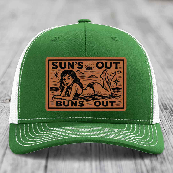 Suns Out, Buns Out - Leather Patch Hat - Rawhide to Black Patch - Richardson 112 Snapback Trucker Hat