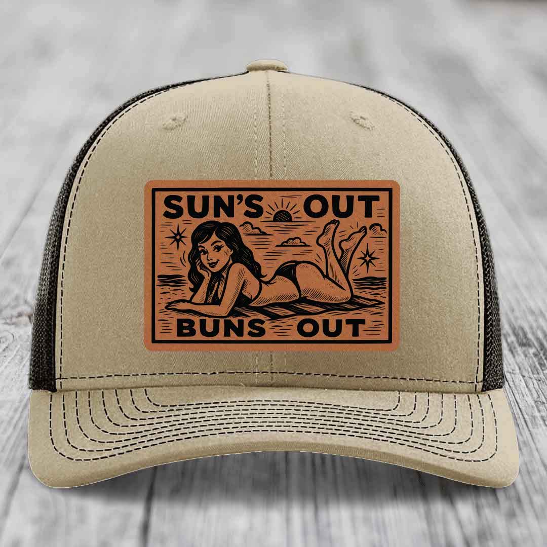 Suns Out, Buns Out - Leather Patch Hat - Rawhide to Black Patch - Richardson 112 Snapback Trucker Hat
