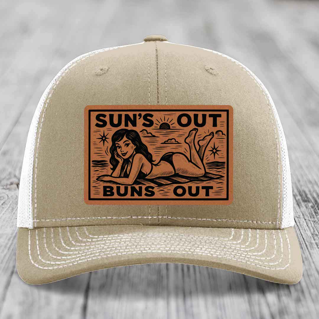 Suns Out, Buns Out - Leather Patch Hat - Rawhide to Black Patch - Richardson 112 Snapback Trucker Hat