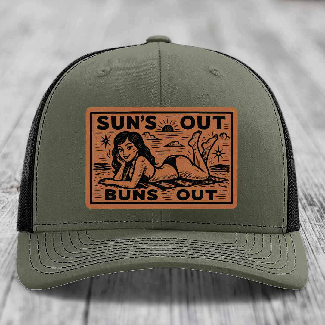 Suns Out, Buns Out - Leather Patch Hat - Rawhide to Black Patch - Richardson 112 Snapback Trucker Hat