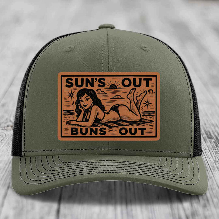 Suns Out, Buns Out - Leather Patch Hat - Rawhide to Black Patch - Richardson 112 Snapback Trucker Hat