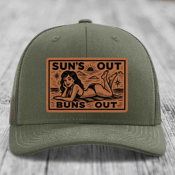 Suns Out, Buns Out - Leather Patch Hat - Rawhide to Black Patch - Richardson 112 Snapback Trucker Hat