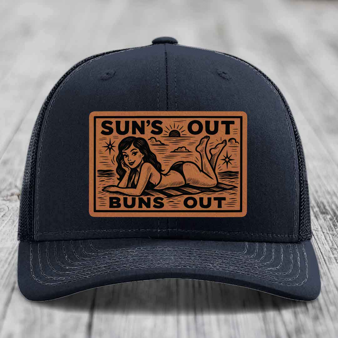 Suns Out, Buns Out - Leather Patch Hat - Rawhide to Black Patch - Richardson 112 Snapback Trucker Hat