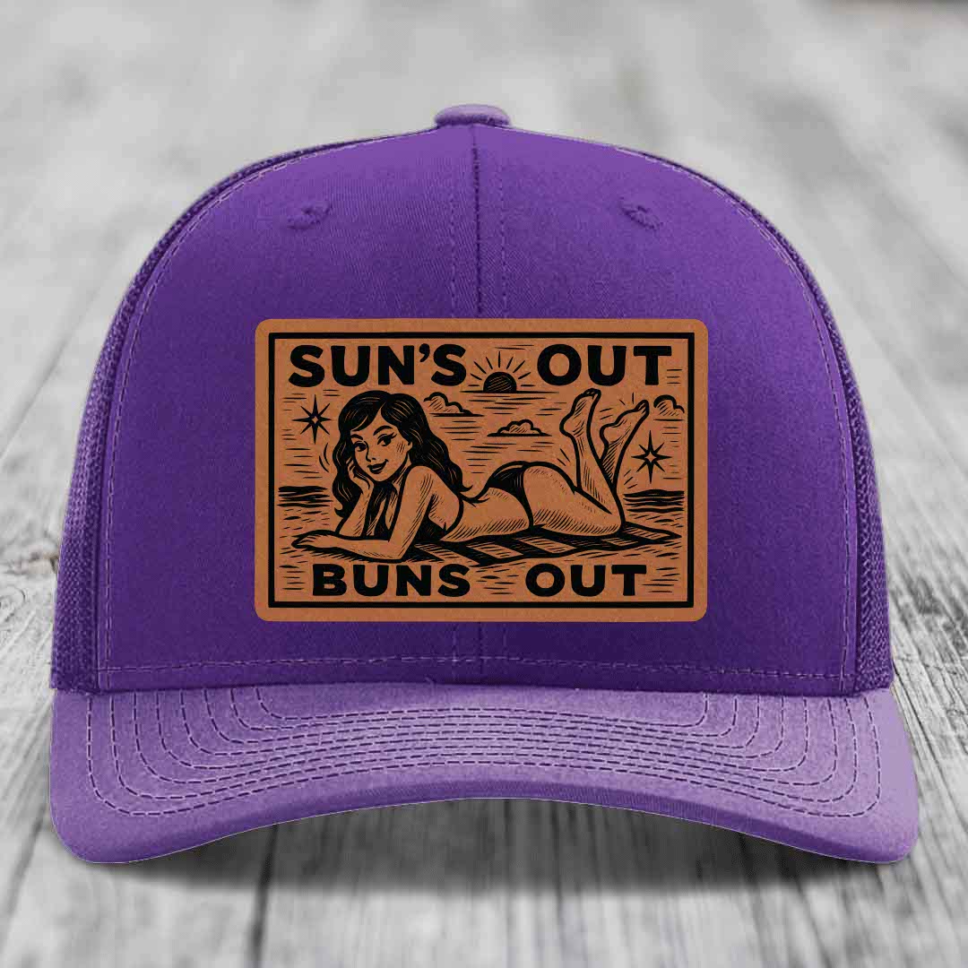 Suns Out, Buns Out - Leather Patch Hat - Rawhide to Black Patch - Richardson 112 Snapback Trucker Hat
