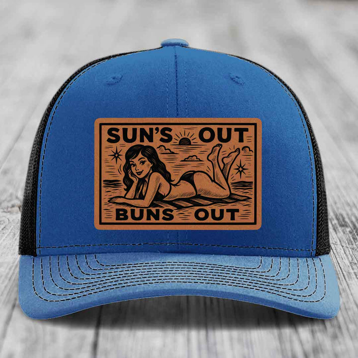 Suns Out, Buns Out - Leather Patch Hat - Rawhide to Black Patch - Richardson 112 Snapback Trucker Hat