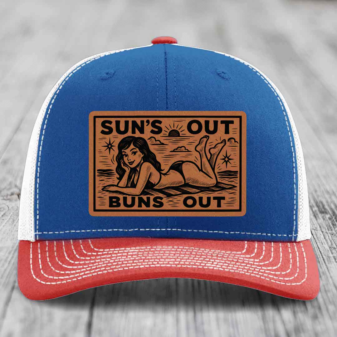 Suns Out, Buns Out - Leather Patch Hat - Rawhide to Black Patch - Richardson 112 Snapback Trucker Hat