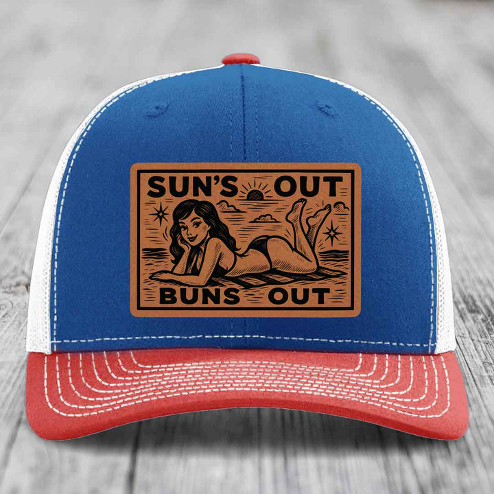Suns Out, Buns Out - Leather Patch Hat - Rawhide to Black Patch - Richardson 112 Snapback Trucker Hat