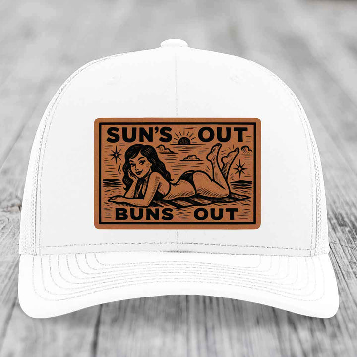 Suns Out, Buns Out - Leather Patch Hat - Rawhide to Black Patch - Richardson 112 Snapback Trucker Hat