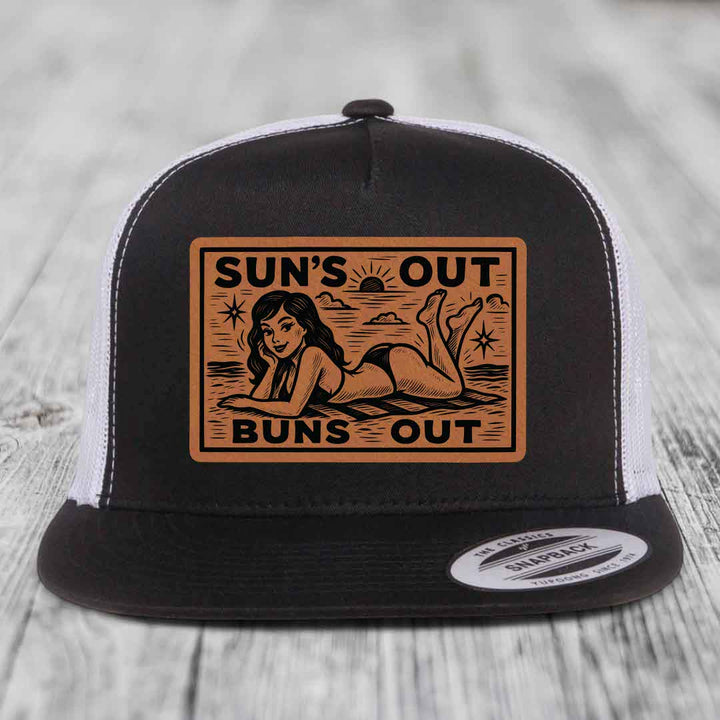 Suns Out, Buns Out - Leather Patch Hat - Rawhide to Black Patch - Yupoong 6006 Snapback Flatbill Hat