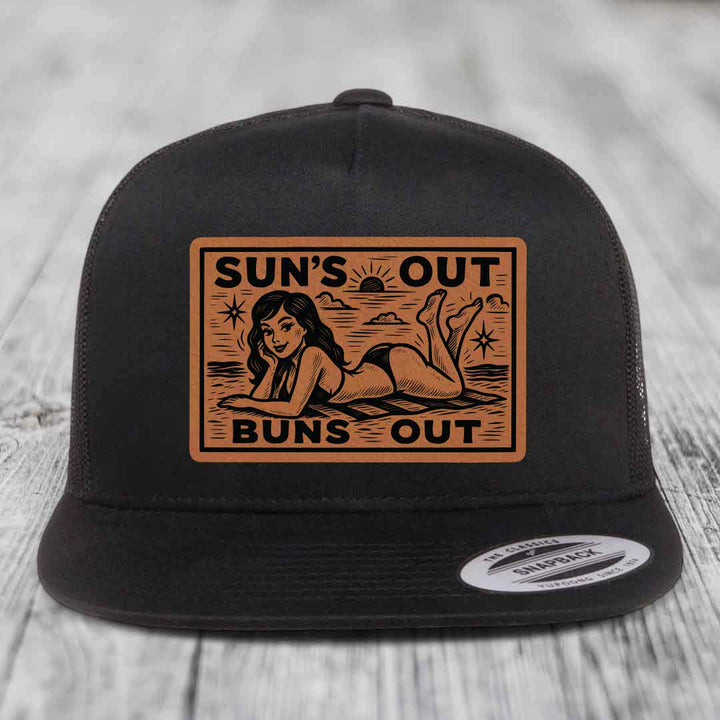 Suns Out, Buns Out - Leather Patch Hat - Rawhide to Black Patch - Yupoong 6006 Snapback Flatbill Hat