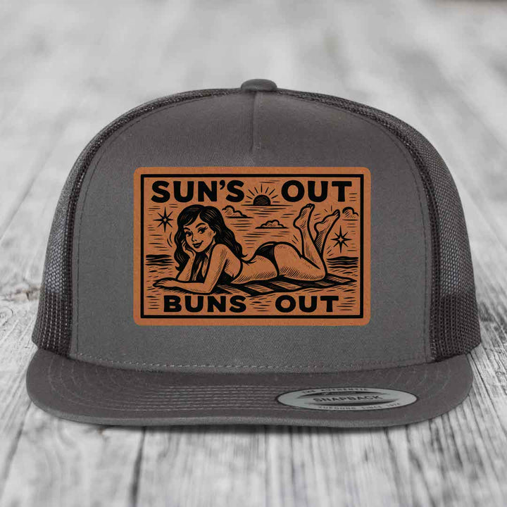 Suns Out, Buns Out - Leather Patch Hat - Rawhide to Black Patch - Yupoong 6006 Snapback Flatbill Hat