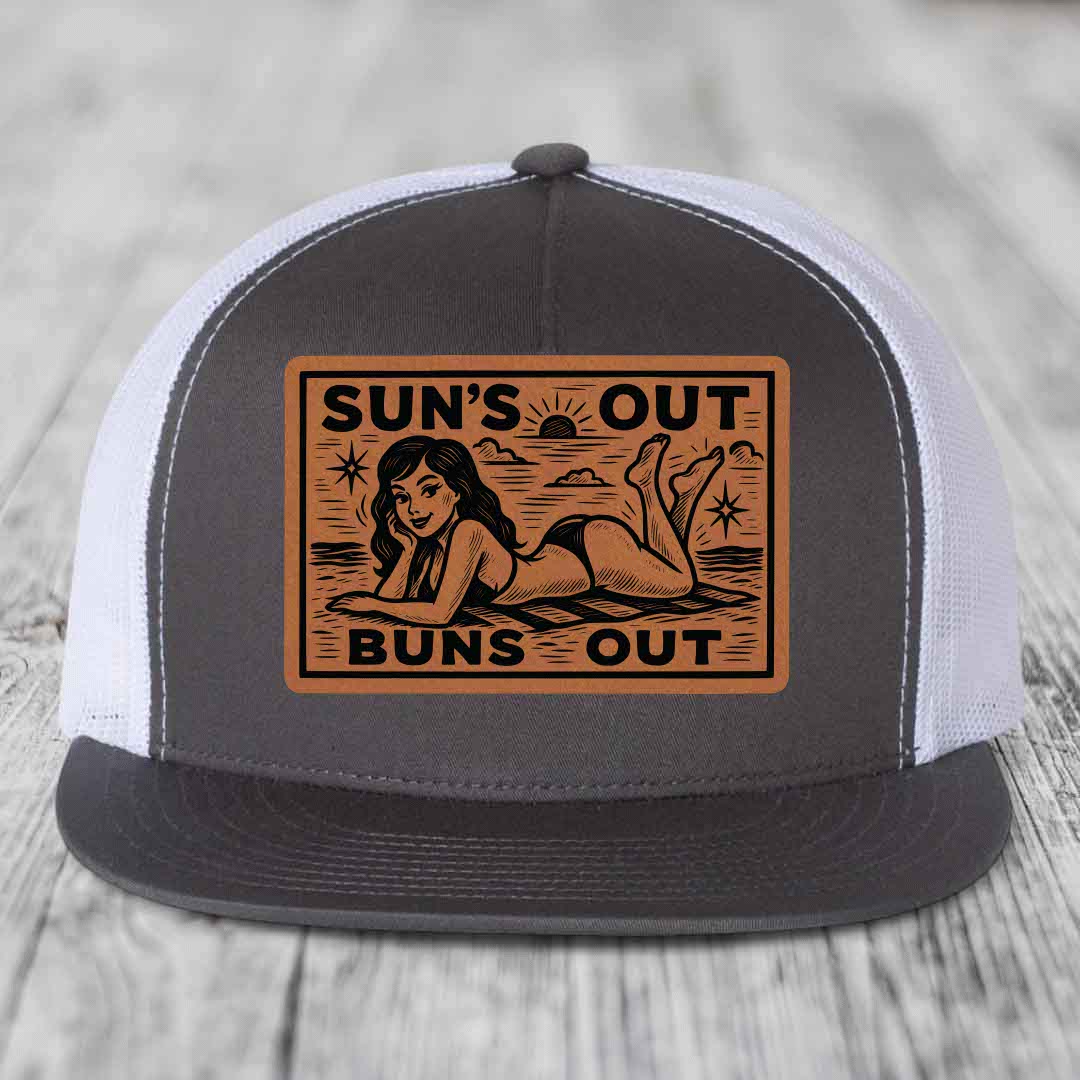 Suns Out, Buns Out - Leather Patch Hat - Rawhide to Black Patch - Yupoong 6006 Snapback Flatbill Hat