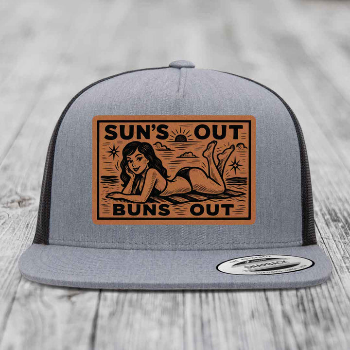 Suns Out, Buns Out - Leather Patch Hat - Rawhide to Black Patch - Yupoong 6006 Snapback Flatbill Hat
