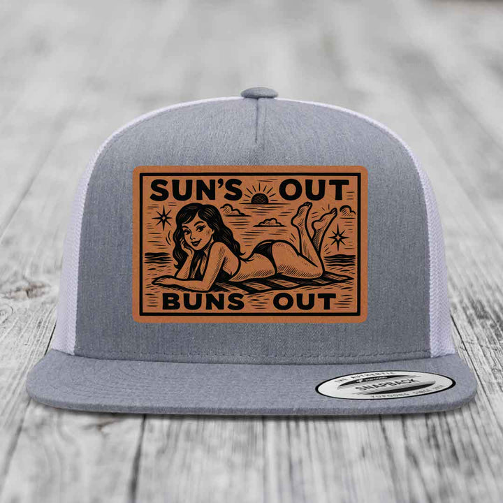 Suns Out, Buns Out - Leather Patch Hat - Rawhide to Black Patch - Yupoong 6006 Snapback Flatbill Hat