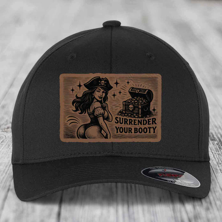 Surrender Your Booty - Leather Patch Hat - Dark Brown to Black Patch - Flexfit 6277 Fitted Hat