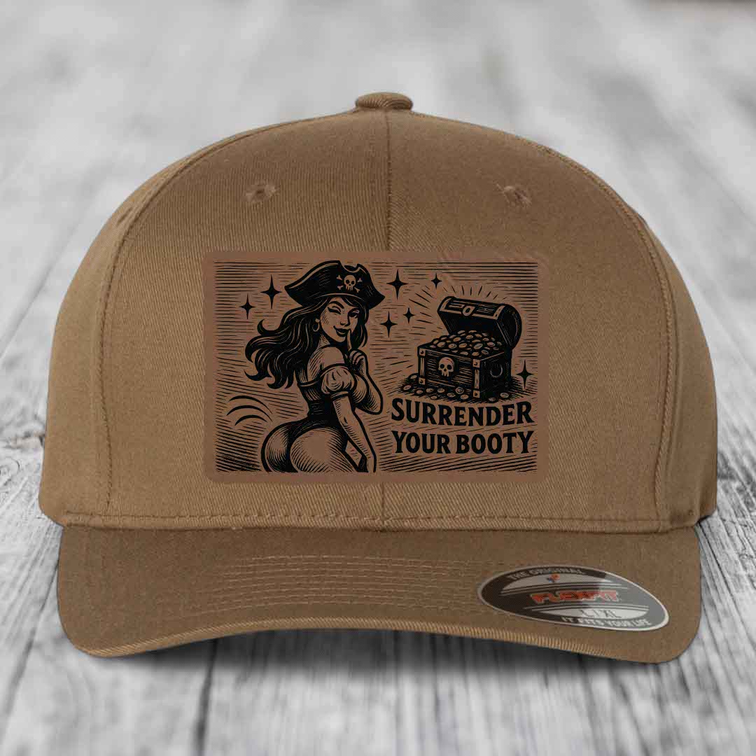 Surrender Your Booty - Leather Patch Hat - Dark Brown to Black Patch - Flexfit 6277 Fitted Hat