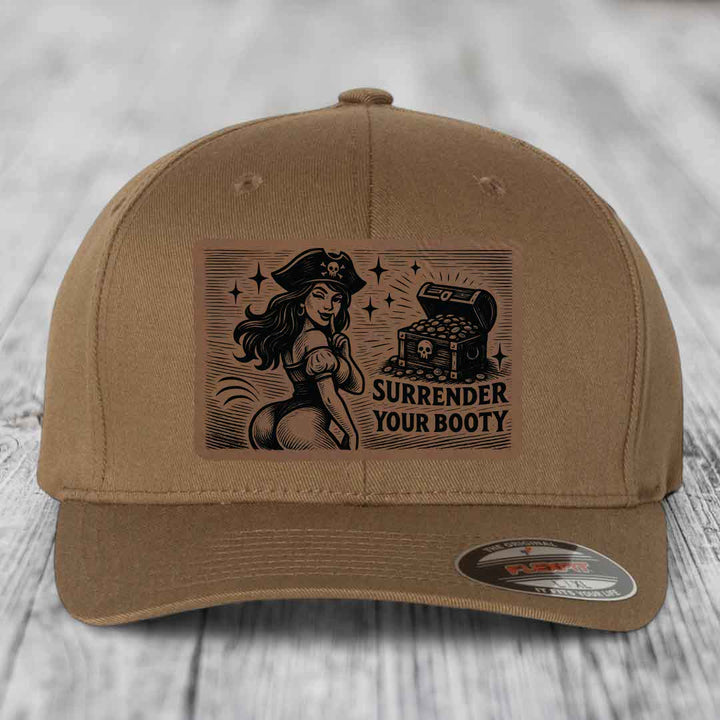 Surrender Your Booty - Leather Patch Hat - Dark Brown to Black Patch - Flexfit 6277 Fitted Hat