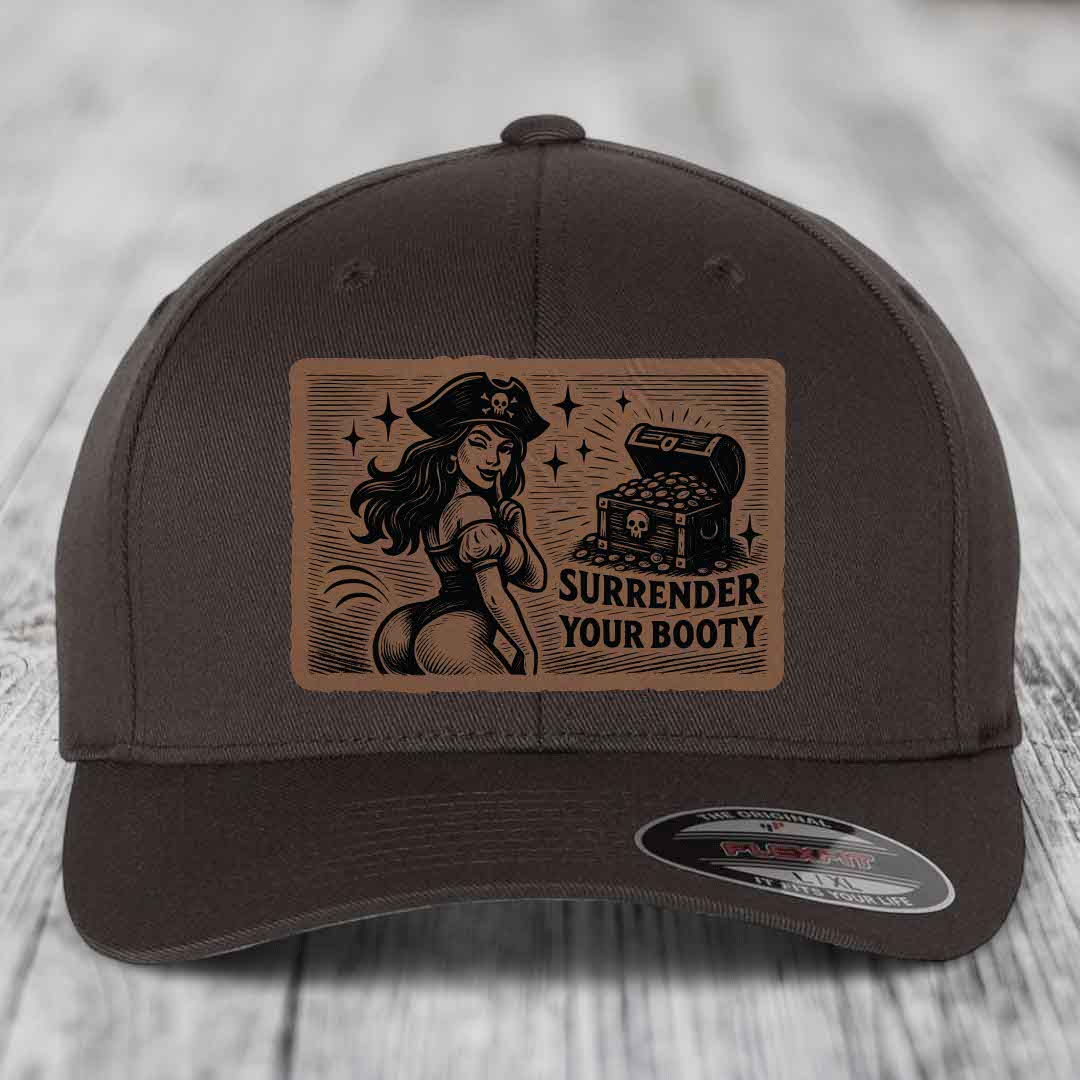 Surrender Your Booty - Leather Patch Hat - Dark Brown to Black Patch - Flexfit 6277 Fitted Hat