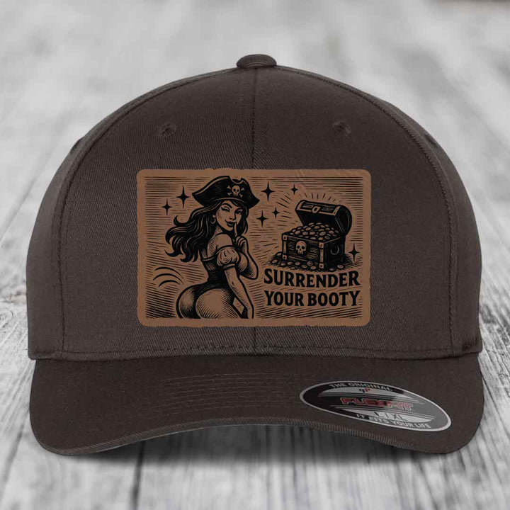 Surrender Your Booty - Leather Patch Hat - Dark Brown to Black Patch - Flexfit 6277 Fitted Hat