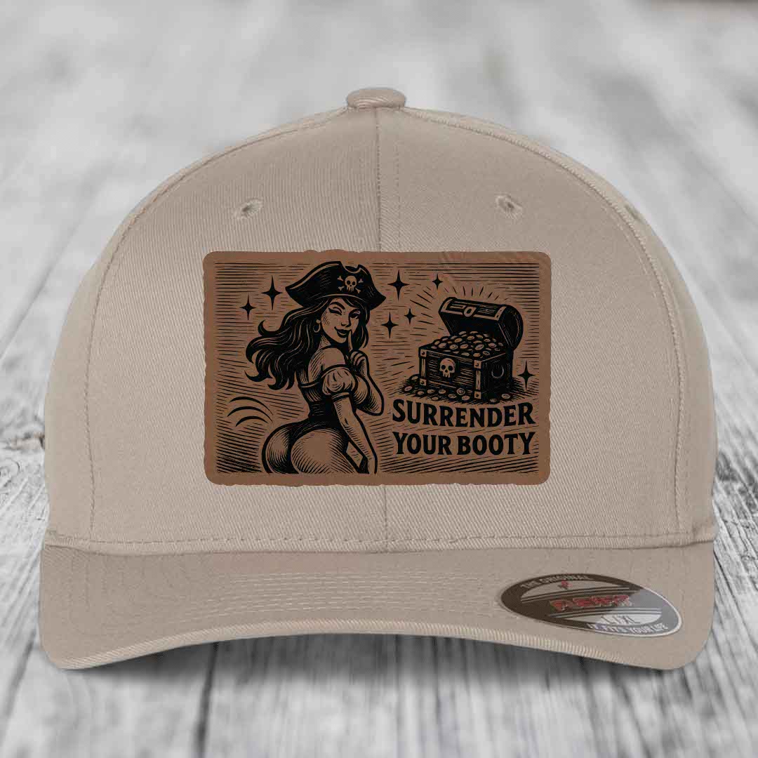 Surrender Your Booty - Leather Patch Hat - Dark Brown to Black Patch - Flexfit 6277 Fitted Hat