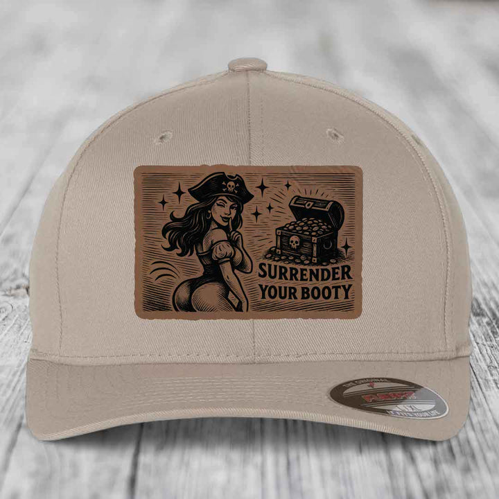 Surrender Your Booty - Leather Patch Hat - Dark Brown to Black Patch - Flexfit 6277 Fitted Hat