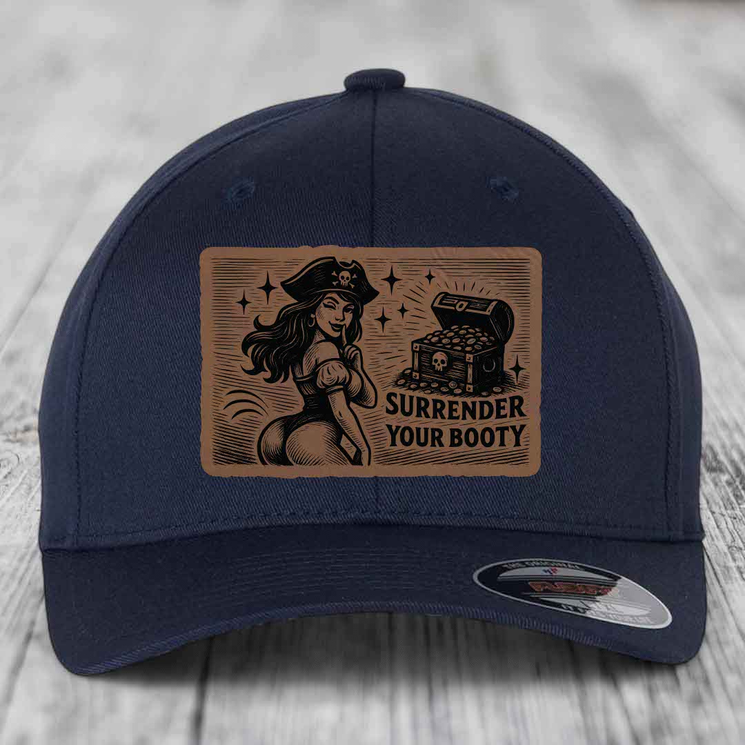Surrender Your Booty - Leather Patch Hat - Dark Brown to Black Patch - Flexfit 6277 Fitted Hat