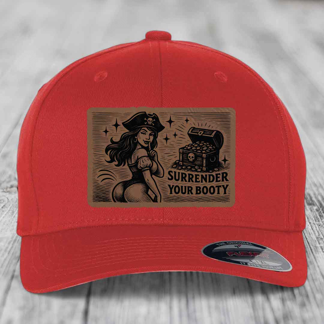 Surrender Your Booty - Leather Patch Hat - Dark Brown to Black Patch - Flexfit 6277 Fitted Hat