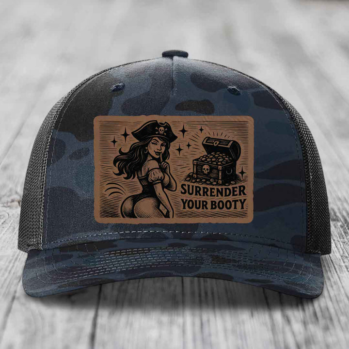 Surrender Your Booty - Leather Patch Hat - Dark Brown to Black Patch - Richardson 112PFP Snapback Trucker Hat