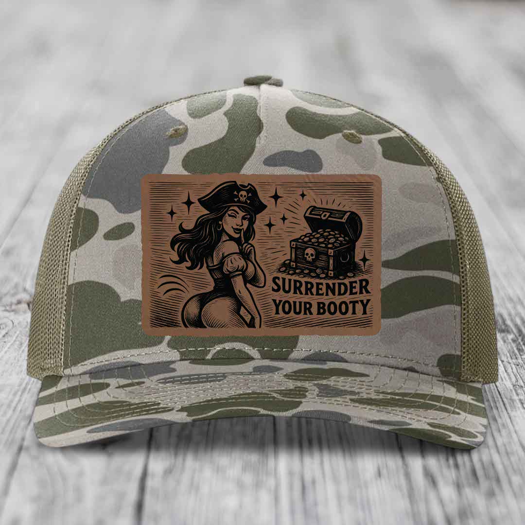 Surrender Your Booty - Leather Patch Hat - Dark Brown to Black Patch - Richardson 112PFP Snapback Trucker Hat