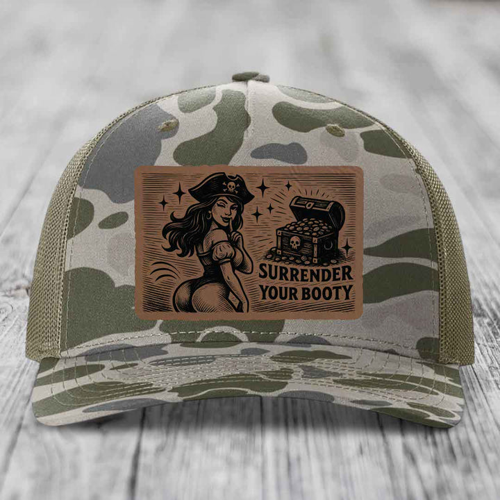 Surrender Your Booty - Leather Patch Hat - Dark Brown to Black Patch - Richardson 112PFP Snapback Trucker Hat