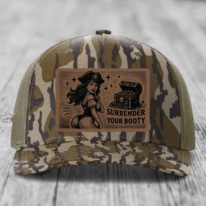 Surrender Your Booty - Leather Patch Hat - Dark Brown to Black Patch - Richardson 112PFP Snapback Trucker Hat
