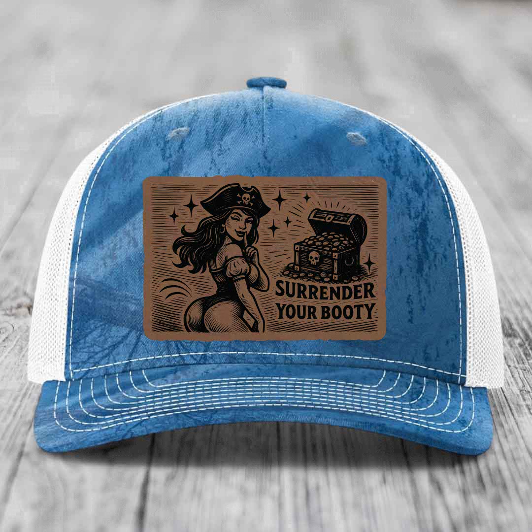 Surrender Your Booty - Leather Patch Hat - Dark Brown to Black Patch - Richardson 112PFP Snapback Trucker Hat