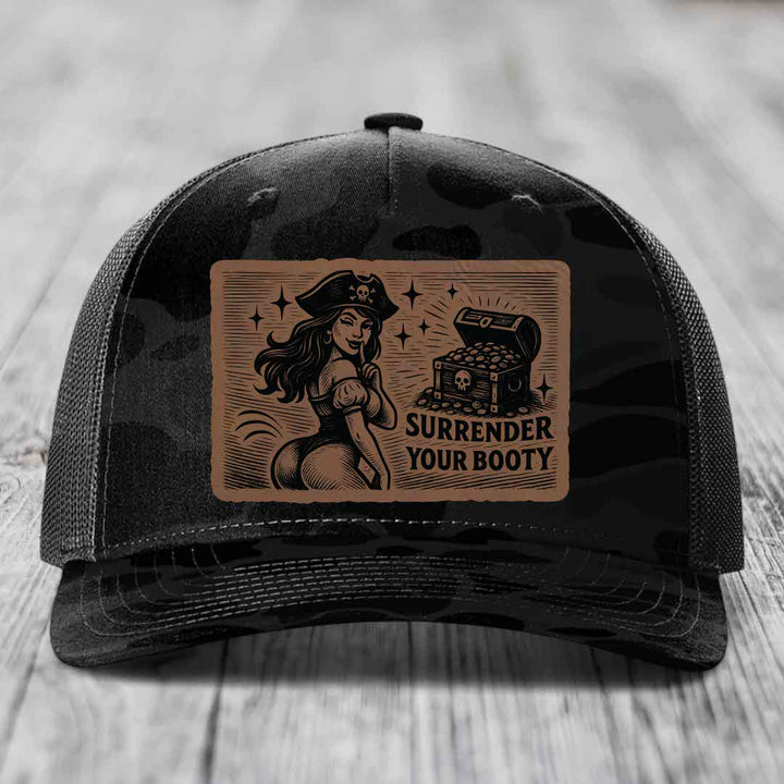 Surrender Your Booty - Leather Patch Hat - Dark Brown to Black Patch - Richardson 112PFP Snapback Trucker Hat