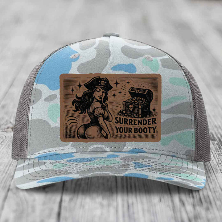 Surrender Your Booty - Leather Patch Hat - Dark Brown to Black Patch - Richardson 112PFP Snapback Trucker Hat