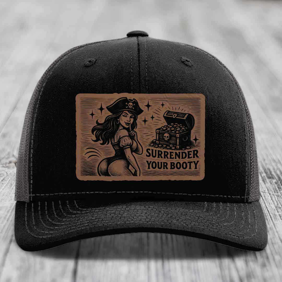 Surrender Your Booty - Leather Patch Hat - Dark Brown to Black Patch - Richardson 112 Snapback Trucker Hat