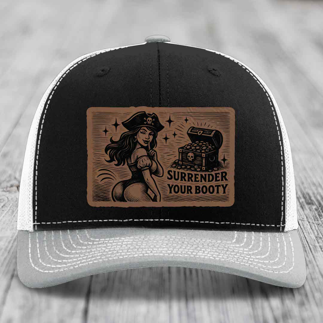 Surrender Your Booty - Leather Patch Hat - Dark Brown to Black Patch - Richardson 112 Snapback Trucker Hat