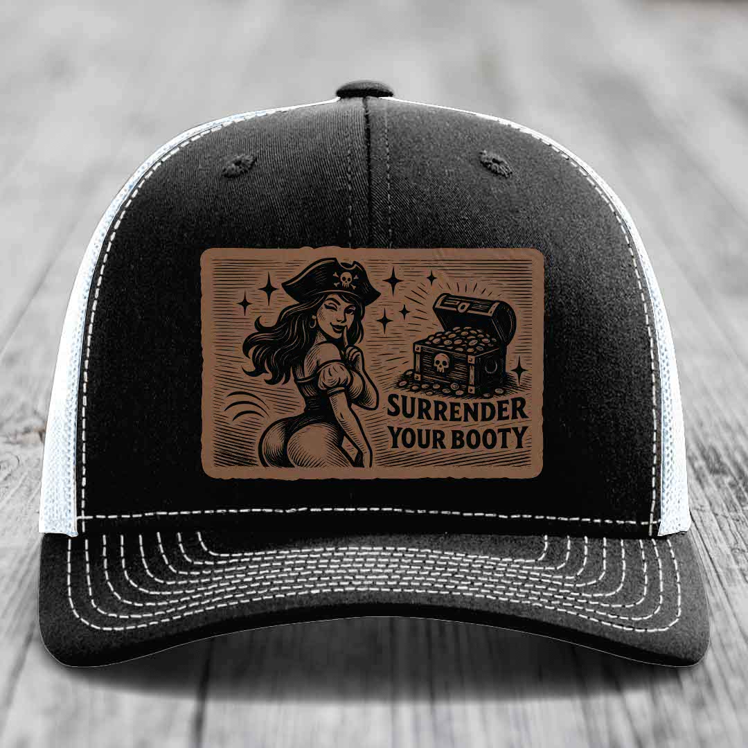 Surrender Your Booty - Leather Patch Hat - Dark Brown to Black Patch - Richardson 112 Snapback Trucker Hat