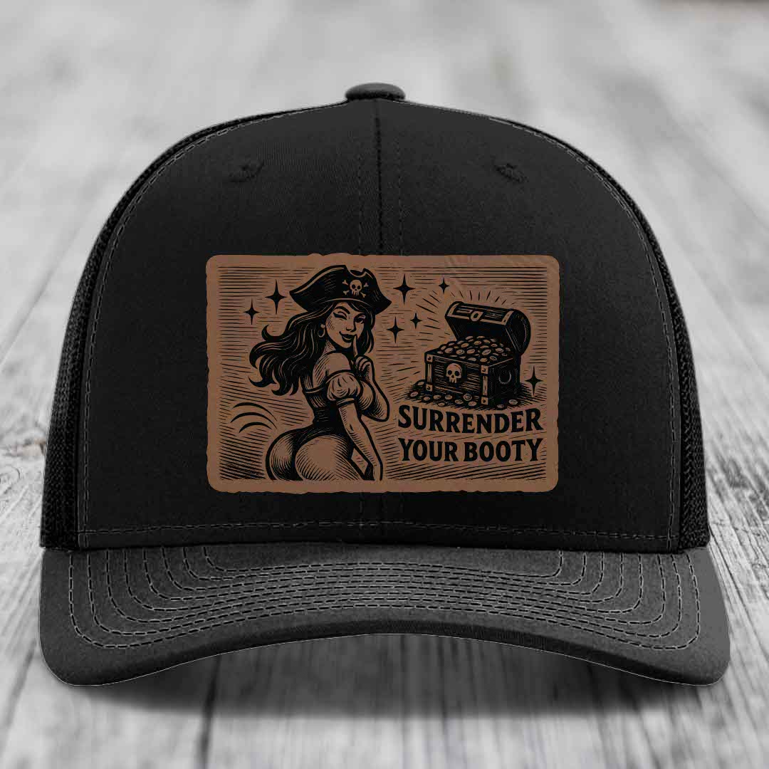 Surrender Your Booty - Leather Patch Hat - Dark Brown to Black Patch - Richardson 112 Snapback Trucker Hat
