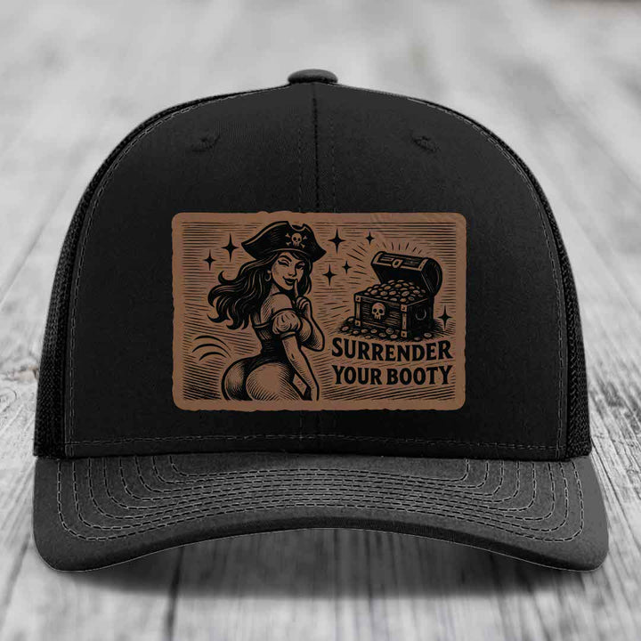 Surrender Your Booty - Leather Patch Hat - Dark Brown to Black Patch - Richardson 112 Snapback Trucker Hat
