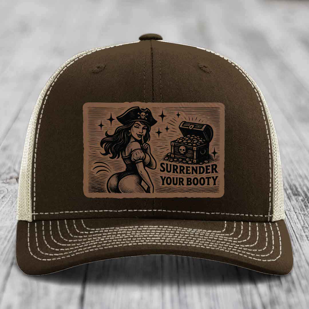 Surrender Your Booty - Leather Patch Hat - Dark Brown to Black Patch - Richardson 112 Snapback Trucker Hat