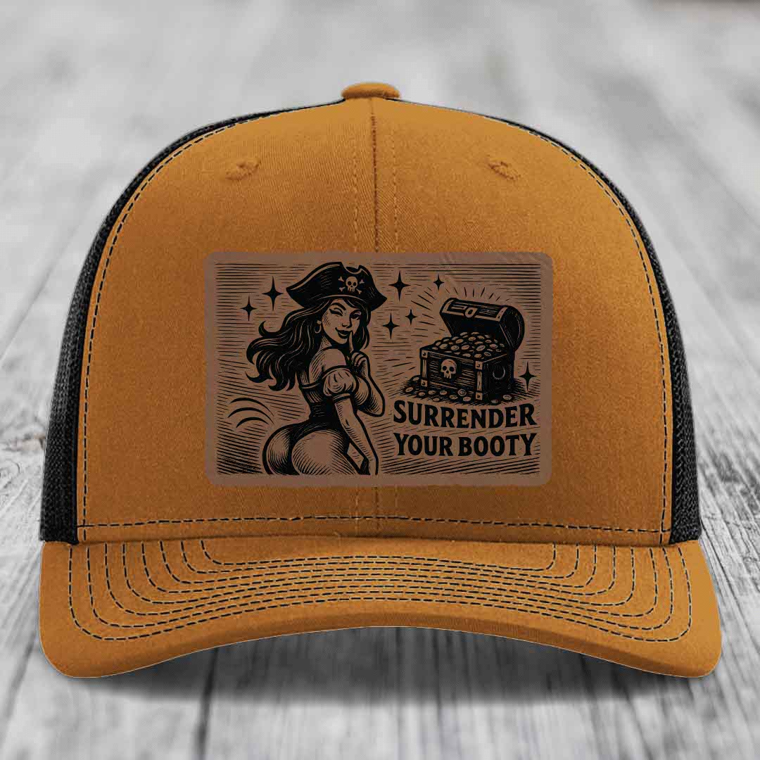 Surrender Your Booty - Leather Patch Hat - Dark Brown to Black Patch - Richardson 112 Snapback Trucker Hat