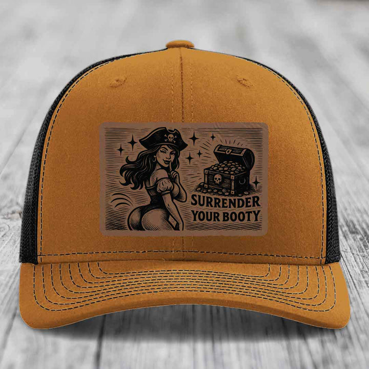 Surrender Your Booty - Leather Patch Hat - Dark Brown to Black Patch - Richardson 112 Snapback Trucker Hat