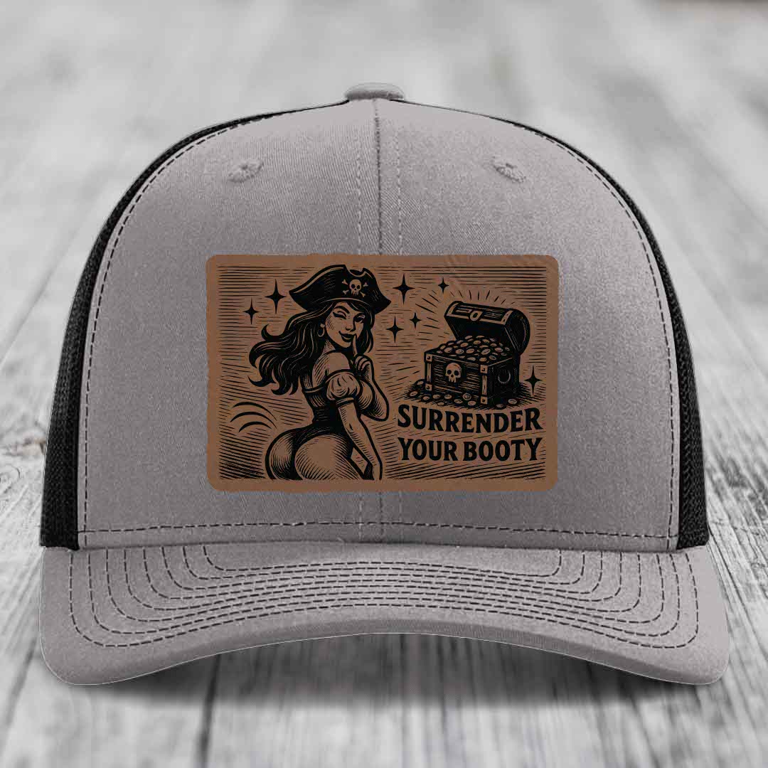 Surrender Your Booty - Leather Patch Hat - Dark Brown to Black Patch - Richardson 112 Snapback Trucker Hat