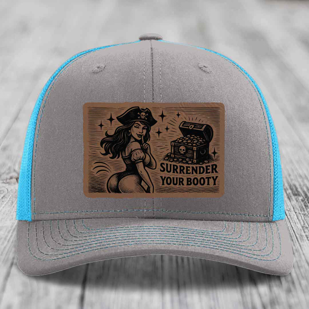 Surrender Your Booty - Leather Patch Hat - Dark Brown to Black Patch - Richardson 112 Snapback Trucker Hat