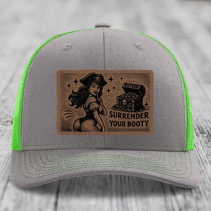 Surrender Your Booty - Leather Patch Hat - Dark Brown to Black Patch - Richardson 112 Snapback Trucker Hat