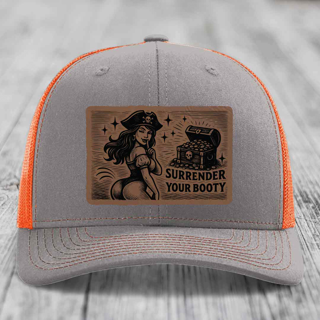 Surrender Your Booty - Leather Patch Hat - Dark Brown to Black Patch - Richardson 112 Snapback Trucker Hat