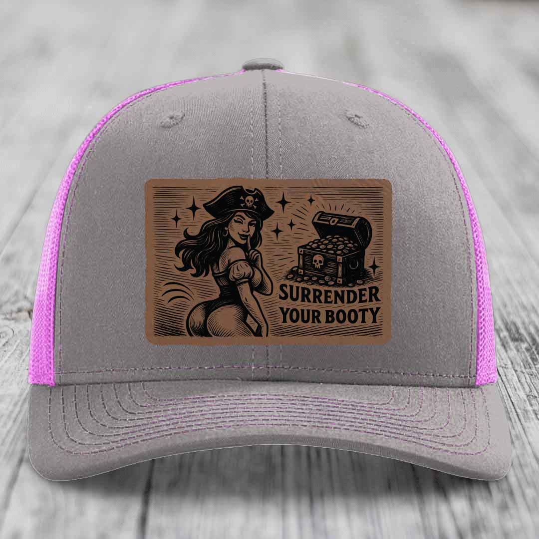 Surrender Your Booty - Leather Patch Hat - Dark Brown to Black Patch - Richardson 112 Snapback Trucker Hat