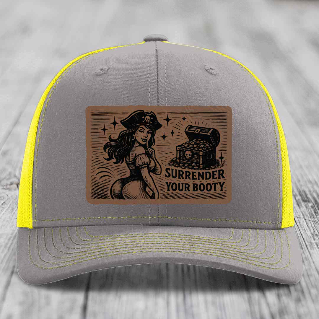 Surrender Your Booty - Leather Patch Hat - Dark Brown to Black Patch - Richardson 112 Snapback Trucker Hat