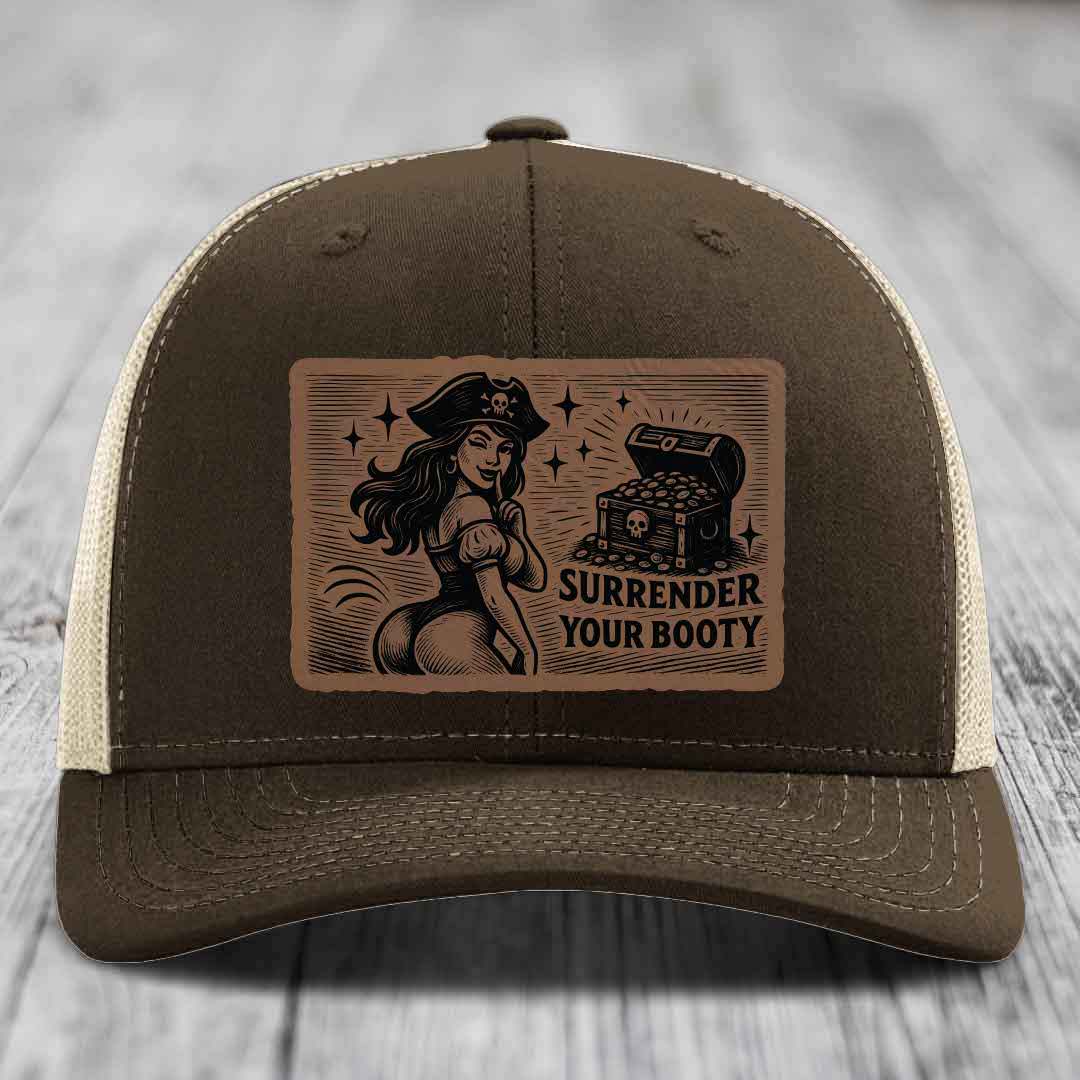 Surrender Your Booty - Leather Patch Hat - Dark Brown to Black Patch - Richardson 112 Snapback Trucker Hat