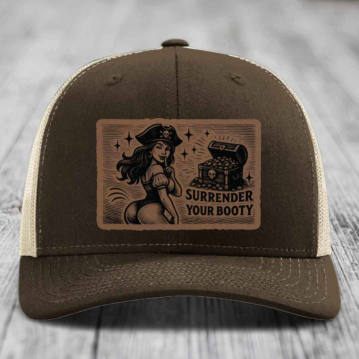 Surrender Your Booty - Leather Patch Hat - Dark Brown to Black Patch - Richardson 112 Snapback Trucker Hat